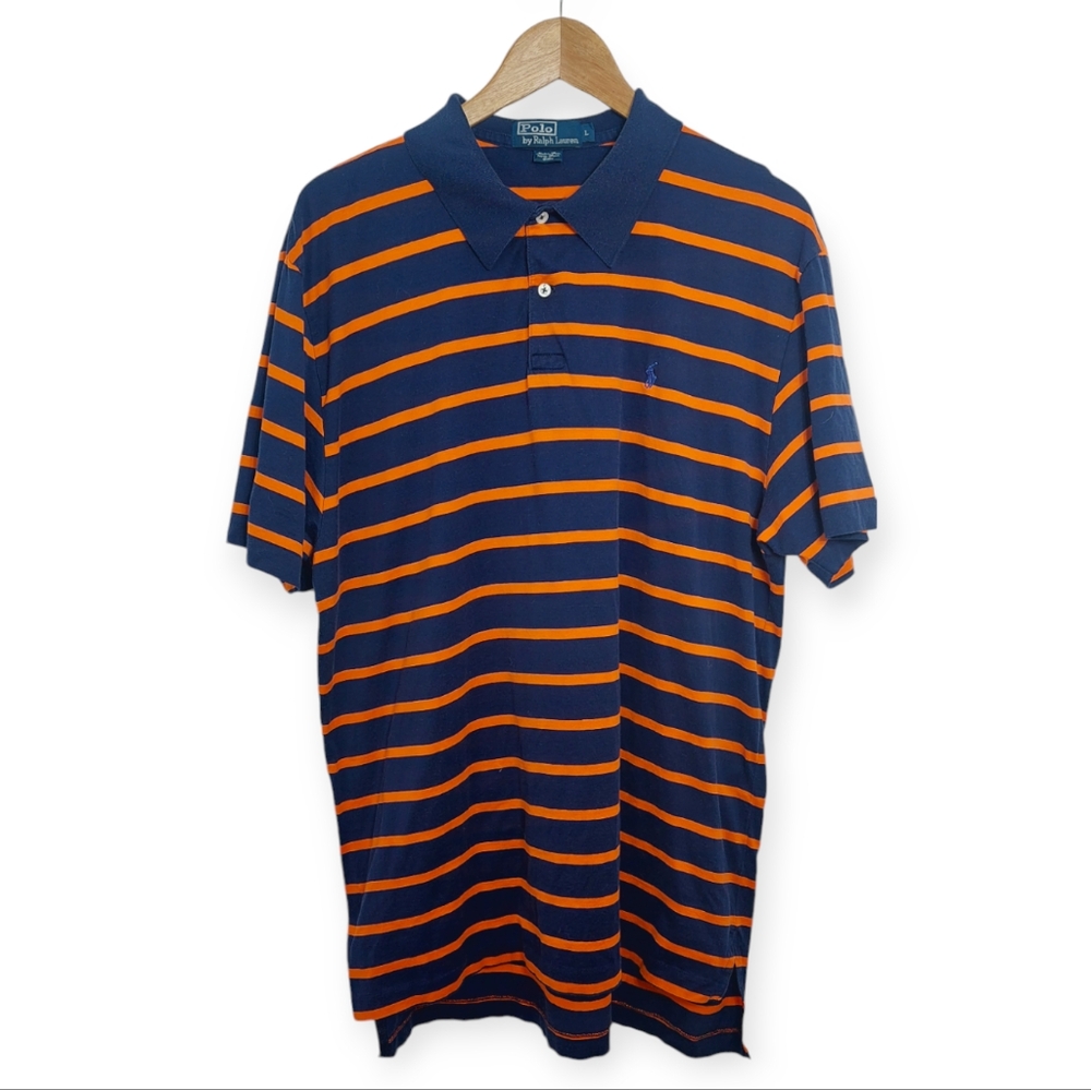 Polo Ralph Lauren Men's Size Large Shirt Top Navy Blue Orange Short Sleeve